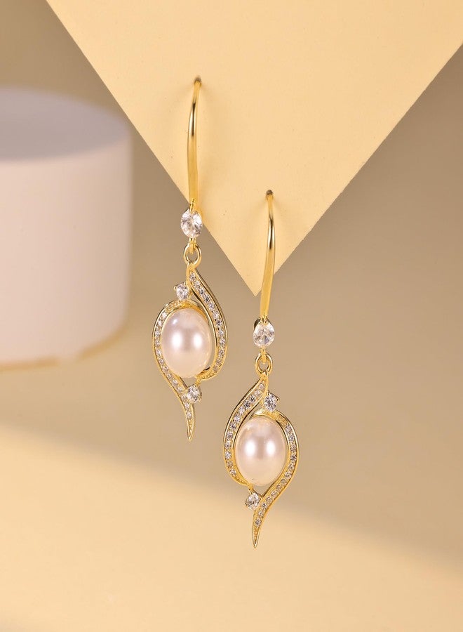 SUNFEEL Dangle Pearl Earrings for Women, 925 Sterling Silver 14K Gold Plated CZ Pearl Drop Earrings for Bridal Party Wedding Studs SUNFEEL Jewelry Hypoallergenic (Gold) - Image 5